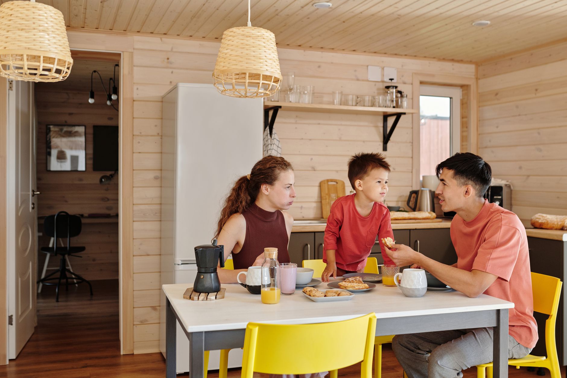 A calm family kitchen set for a quiet breakfast