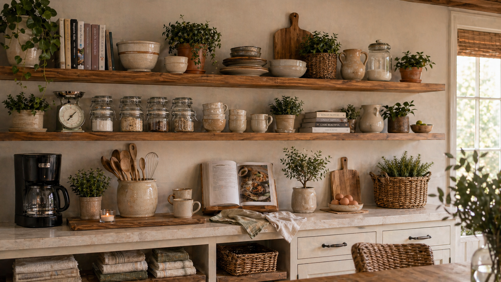A kitchen with natural textures and open shelves